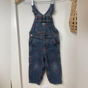 OshKosh B'gosh Kids Denim Overalls in Dark Blue with Red Embroidery VTG